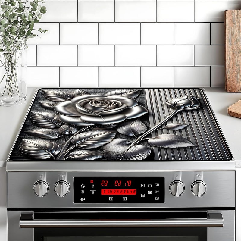 BVBOX Silver Rose Stove Top Cover Retro Flower Gas Stove Top Cover for Home Decoration Kitchen Pad Non-Stick Washable Cooktop Covers Countertop Protector Keep Stove Clean 28"x20" - Image 1